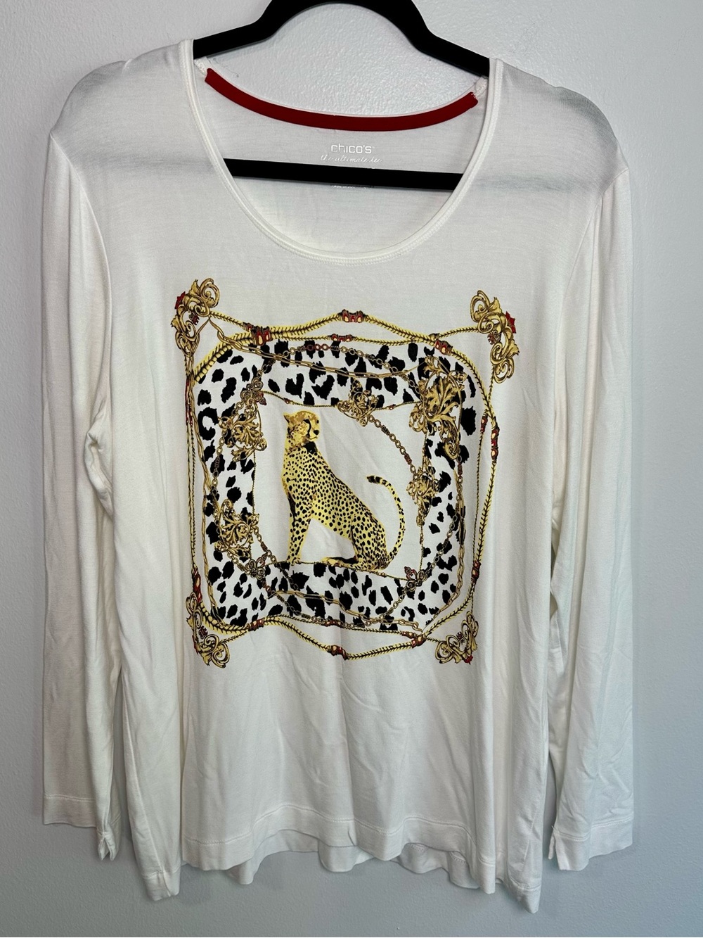 Chico's White Long-Sleeve Ultimate Tee  Leopard & Chain Motif Top size 3 16 XL